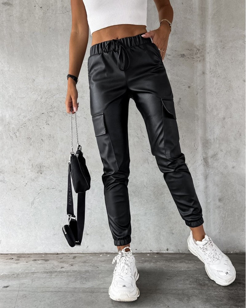 Elastic Waist PU Leather Cuffed Pants