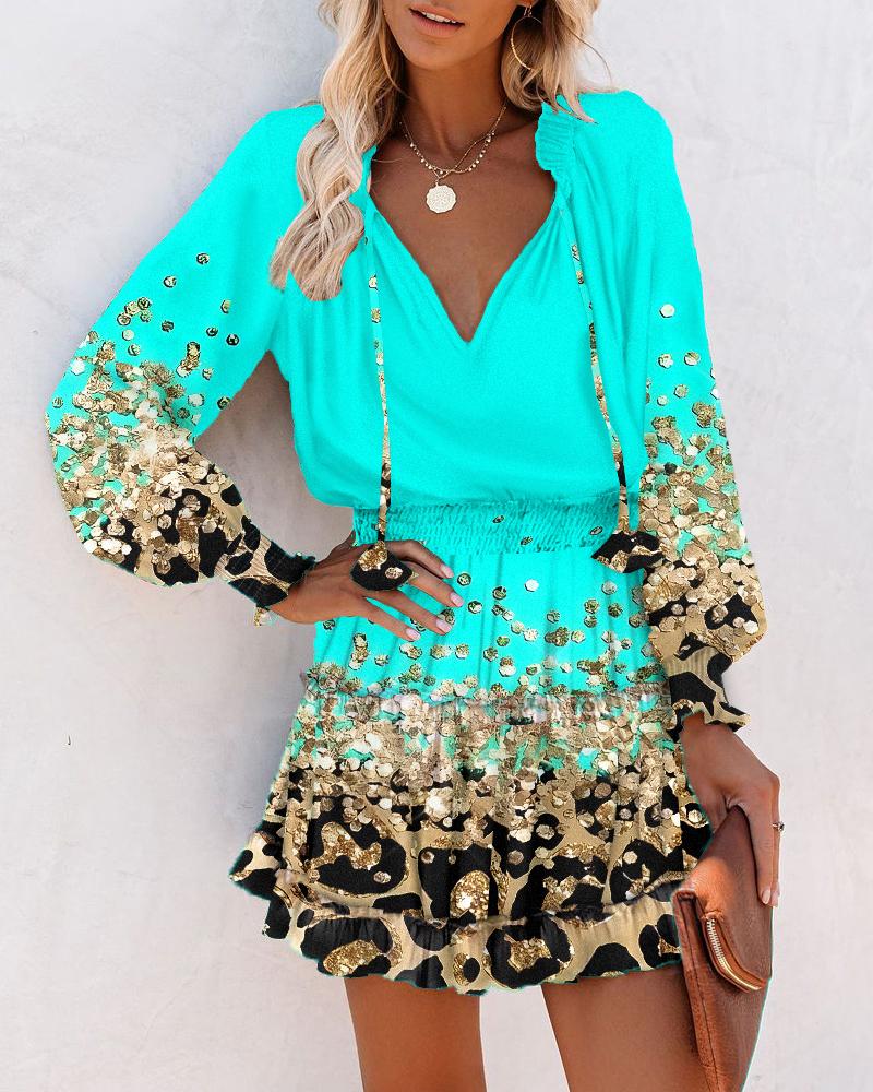 Contrast Leopard Print Ruffles Long Sleeve Dress