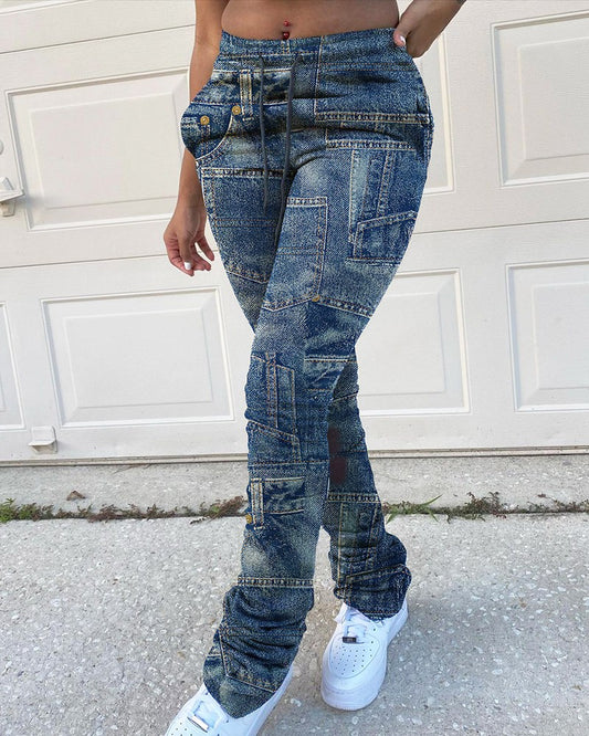 Plus Size Denim Print High Waist Pants