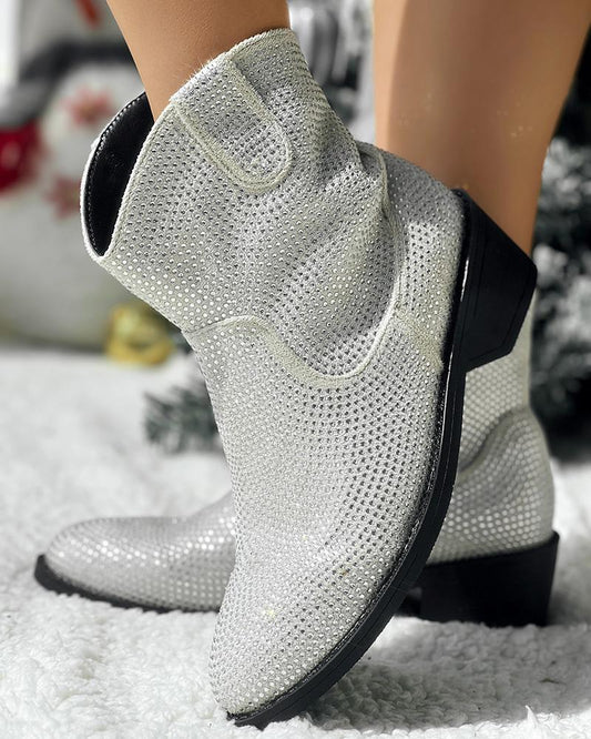 Rhinestone Decor Chunky Heel Ankle Boots
