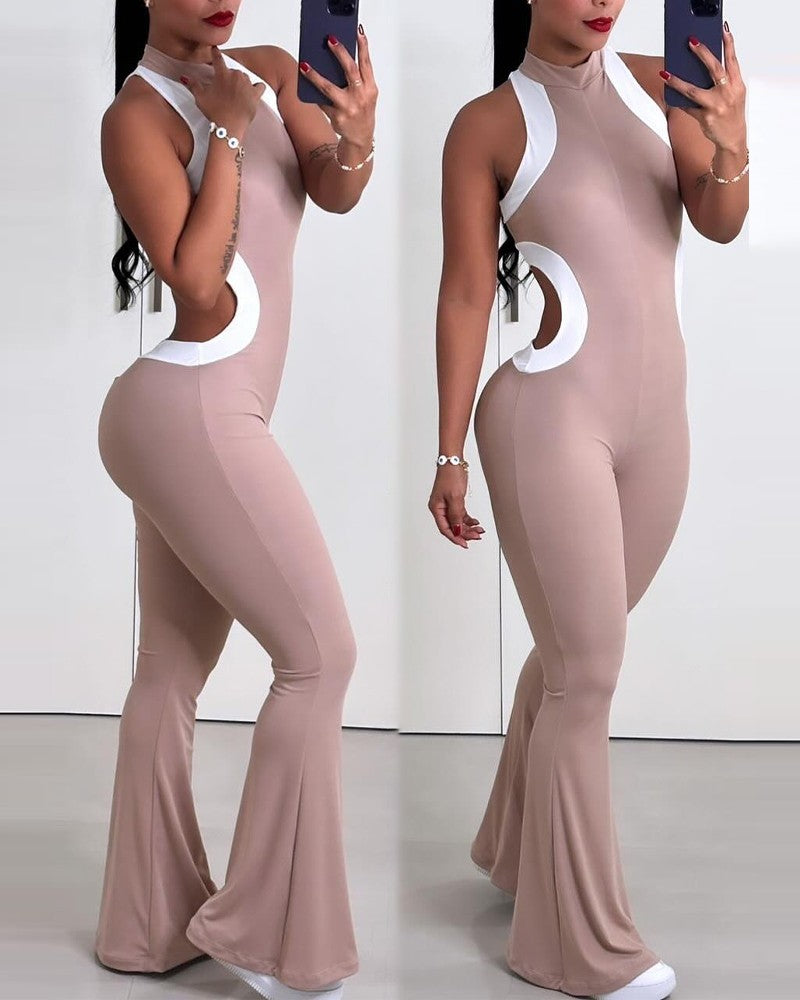 Contrast Paneled Hollow Out Flared Leg Jumpsuit
