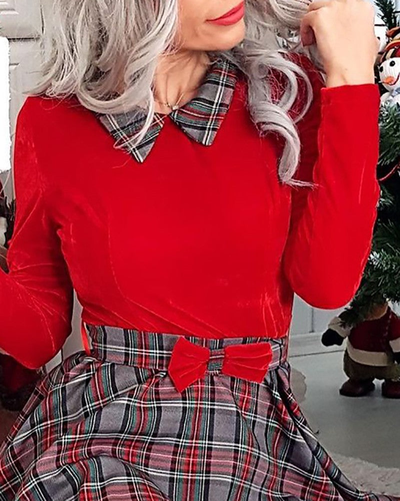 Christmas Bowknot Decor Plaid Print Long Sleeve Dress