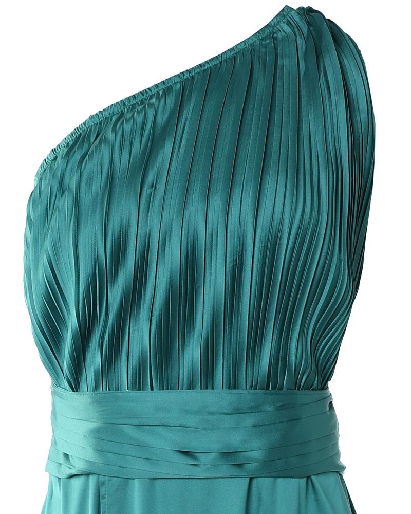 One Shoulder High Slit Satin Ruched Evening Dress