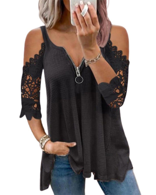 Cold Sleeve Zipper Front Lace Trim Top