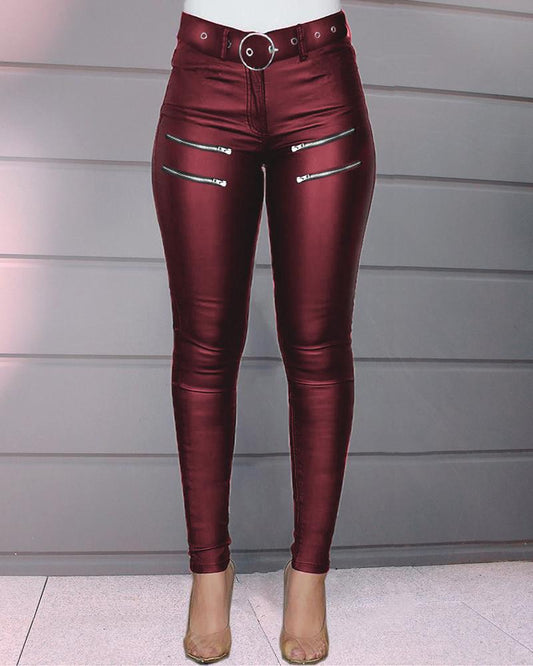 Zipper Design High Waist PU Leather Skinny Pants