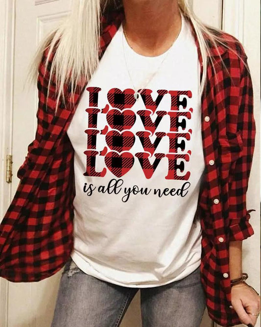 Valentine's Day Plaid Love Heart Print Casual T shirt