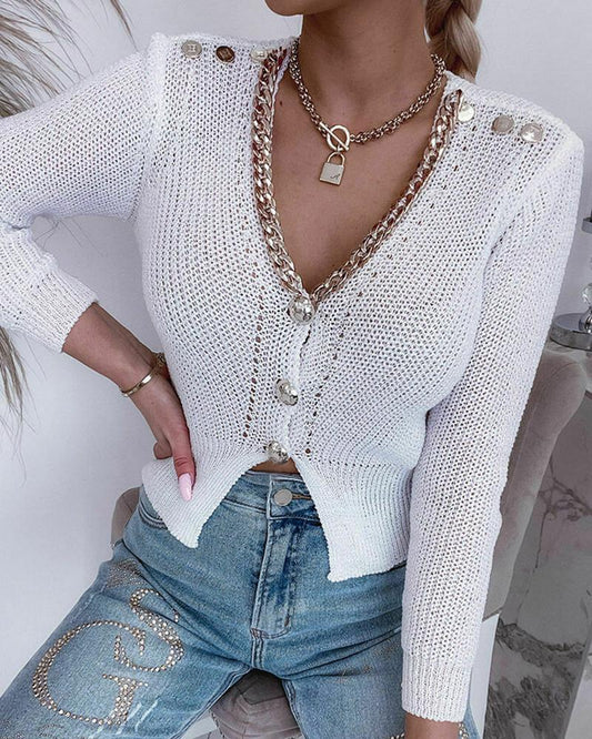 Chain Decor Buttoned Long Sleeve Knit Cardigan