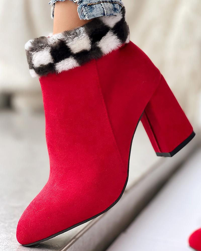 Fuzzy Plaid Detail Chunky Heel Ankle Boots