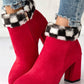 Fuzzy Plaid Detail Chunky Heel Ankle Boots