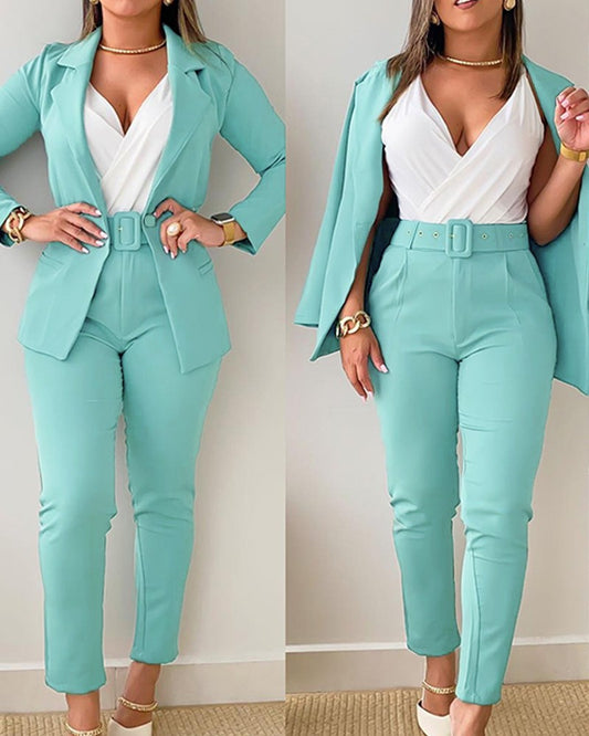 Turn down Collar Buttoned Blazer Coat & Belted Pants Set