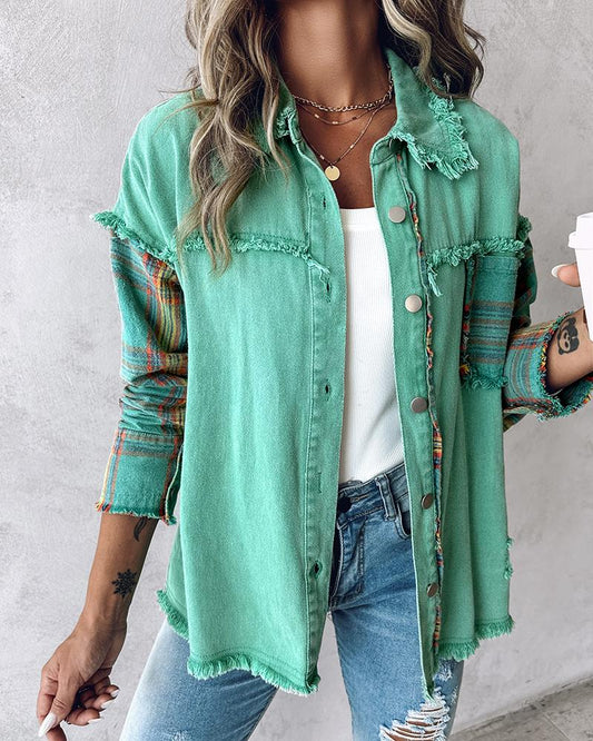 Colorblock Plaid Print Raw Hem Shacket