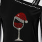 Christmas Wine Glass Print Contrast Mesh Cold Shoulder Top
