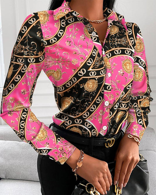 Baroque Print Button Up Long Sleeve Shirt