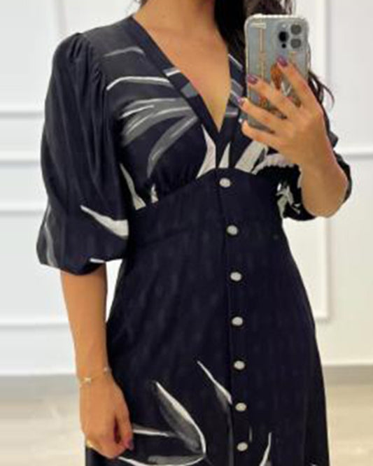 Plants Print Buttoned Plunge Dress