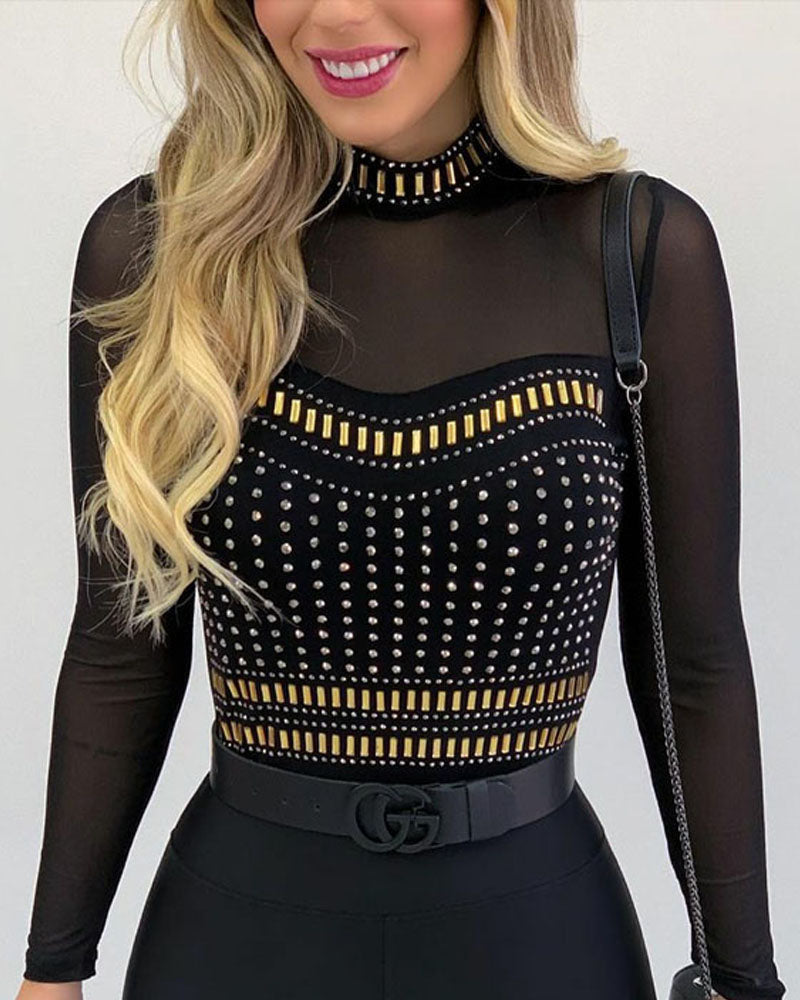 Rhinestone Decor Sheer Mesh Long Sleeve Top