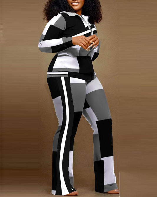 Plus Size Denim Look Print Zipper Design Top & Pants Set