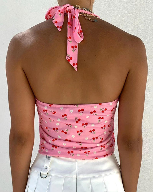 Cherry Print Halter Cut out Slit Tanks