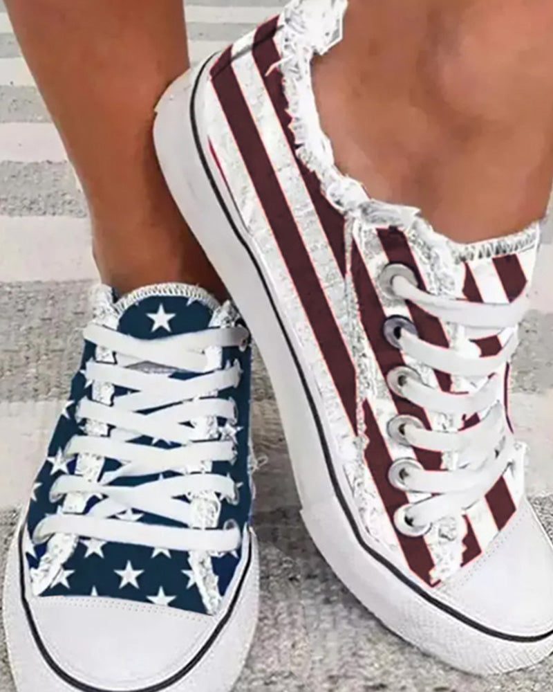 Flag Print Eyelet Lace up Fringe Hem Canvas Shoes