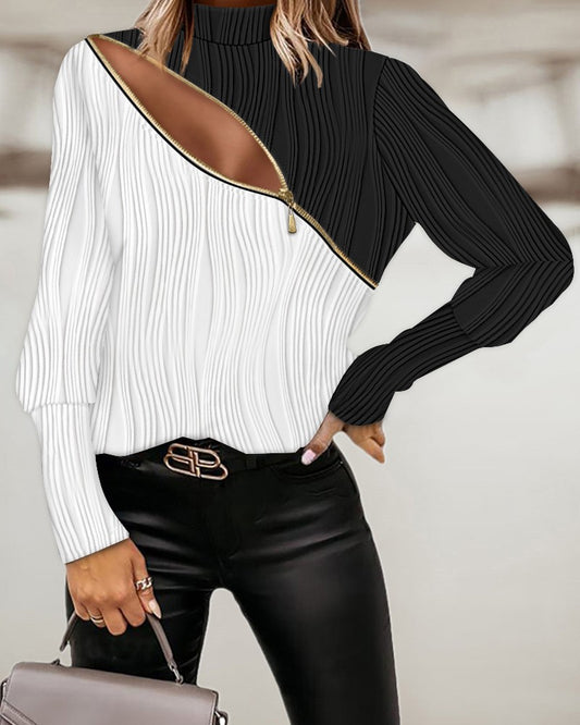 Colorblock Zipper Design Textured Top