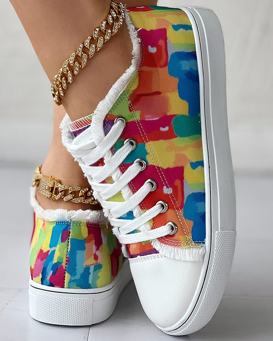 Melting Colors All Over Print Fringe Hem Canvas Sneakers
