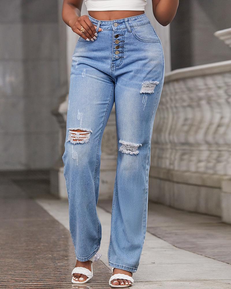 Button Fly Ripped Low Waist Jeans
