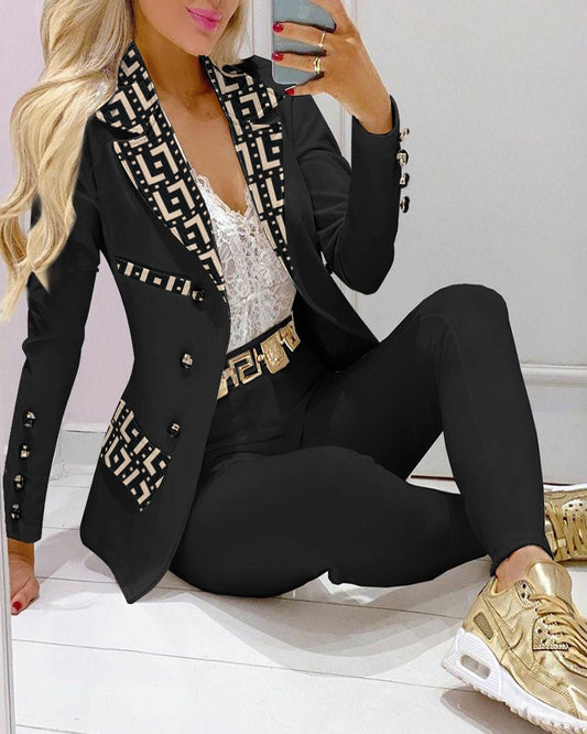 Geometric Print Double Breasted Blazer & Pants Set