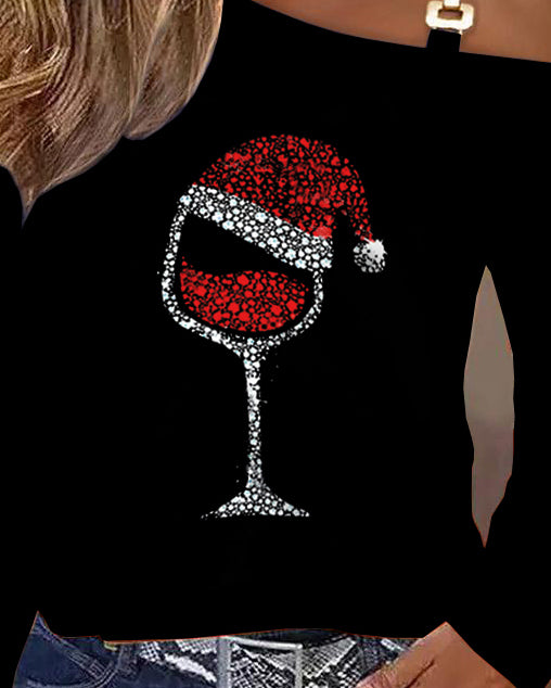 Christmas Wine Glass Print Cold Shoulder Top