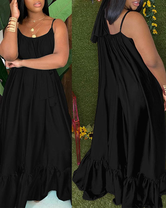 Spaghetti Strap Tied Detail Ruched Maxi Dress