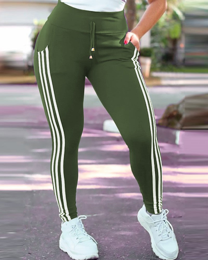 High Waist Striped Drawstring Pants