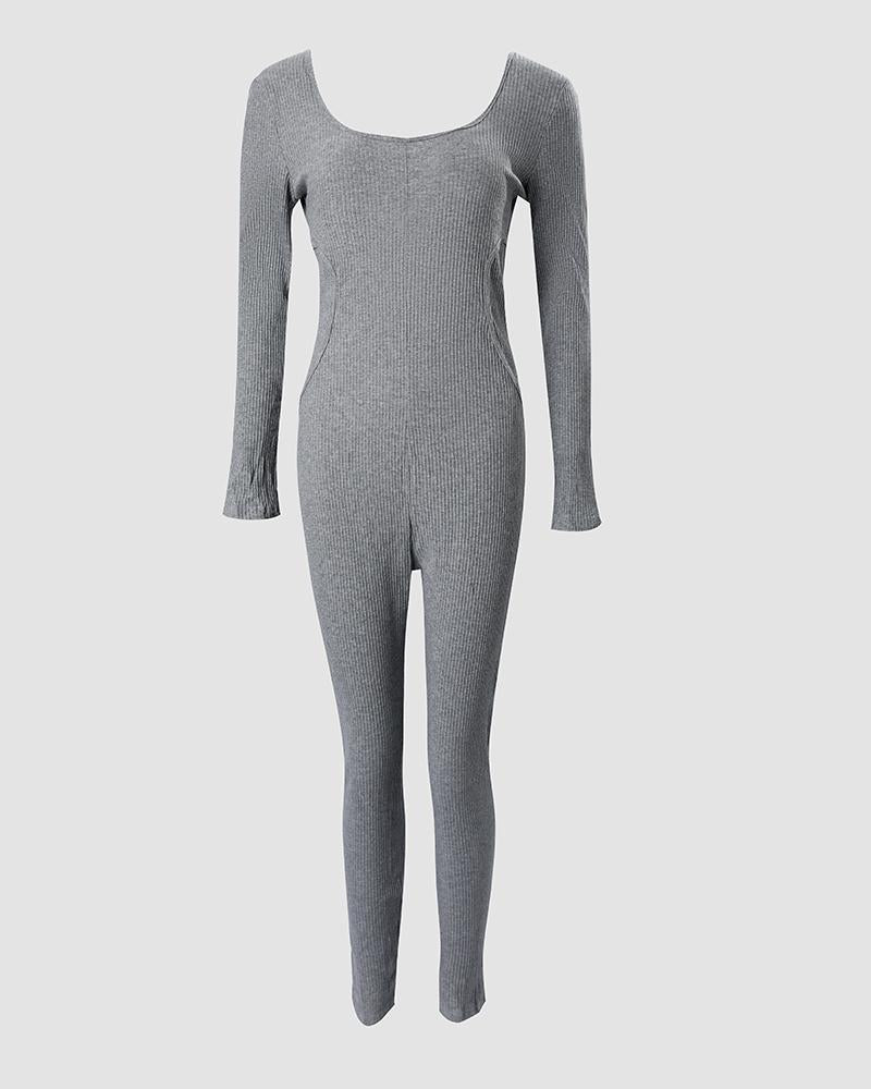 U Neck Long Sleeve Ribbed Jumpsuit