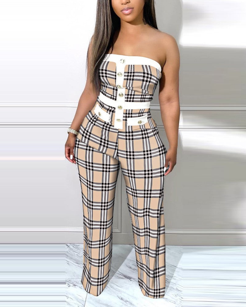 Plaid Print Button Decor Tube Jumpsuit