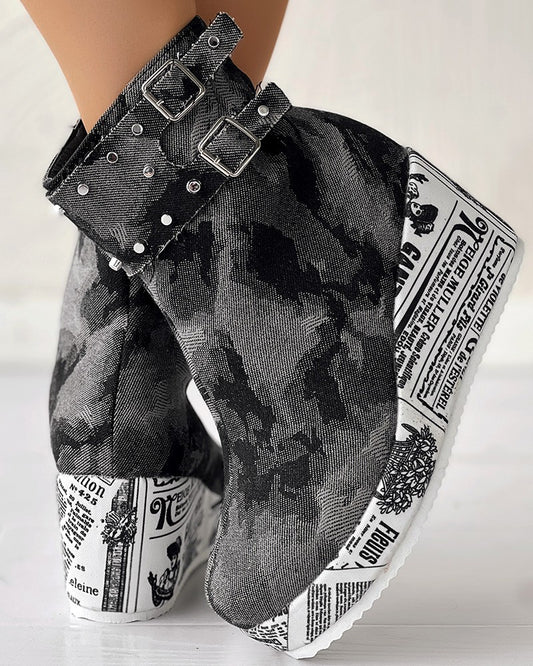 Studded Buckled Newspaper Platform Denim Ankle Boots