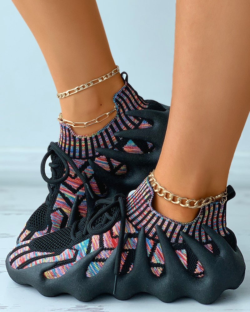 Colorblock Lace up Knit Breathable Sneakers