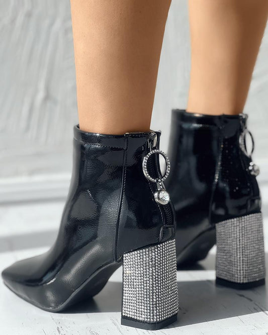 Zipper Design Rhinestone Chunky Heel Martin Boots