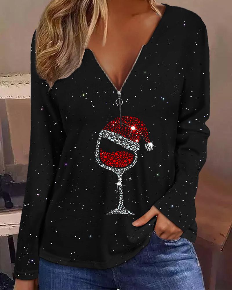 Christmas Wine Glass Print Long Sleeve Top