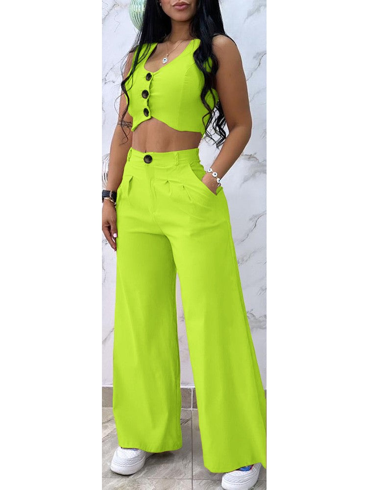 Buttoned Vest Coat & Wide Leg Pants Set