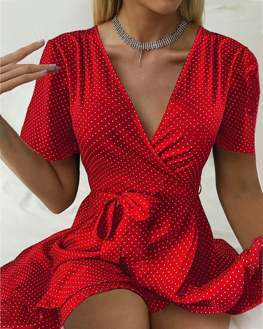 Dot Print Tied Detail Wrap Dress