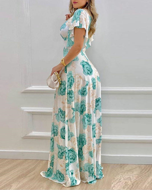 Floral Print V Neck Bell Sleeve Maxi Dress