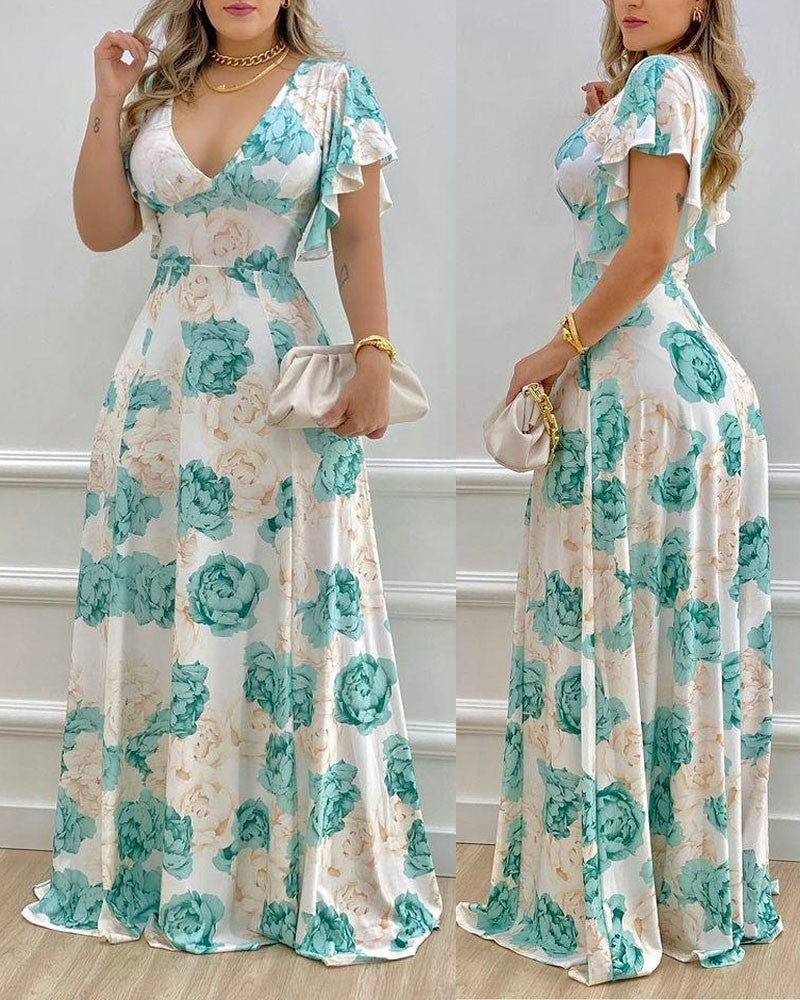 Floral Print V Neck Bell Sleeve Maxi Dress