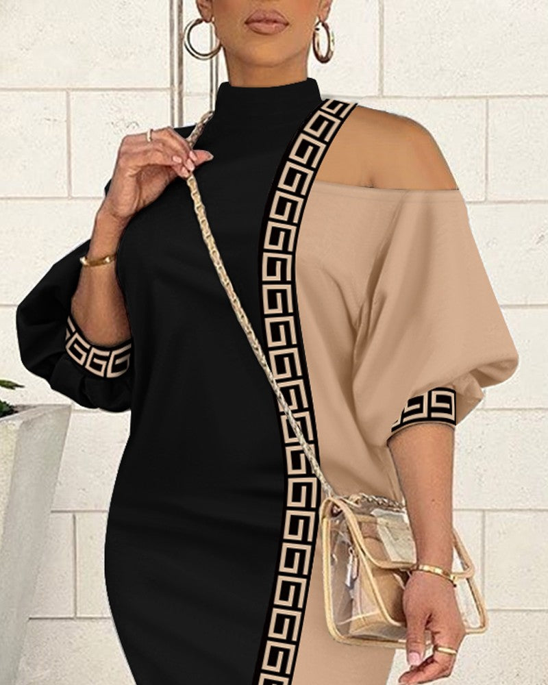 Geometric Print Cold Shoulder Casual Dress