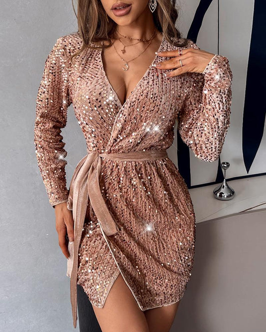 Velvet Wrap Tie Sequin Party Dress