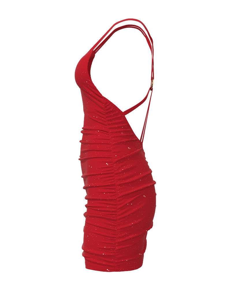 Glitter O Ring Backless Ruched Bodycon Dress