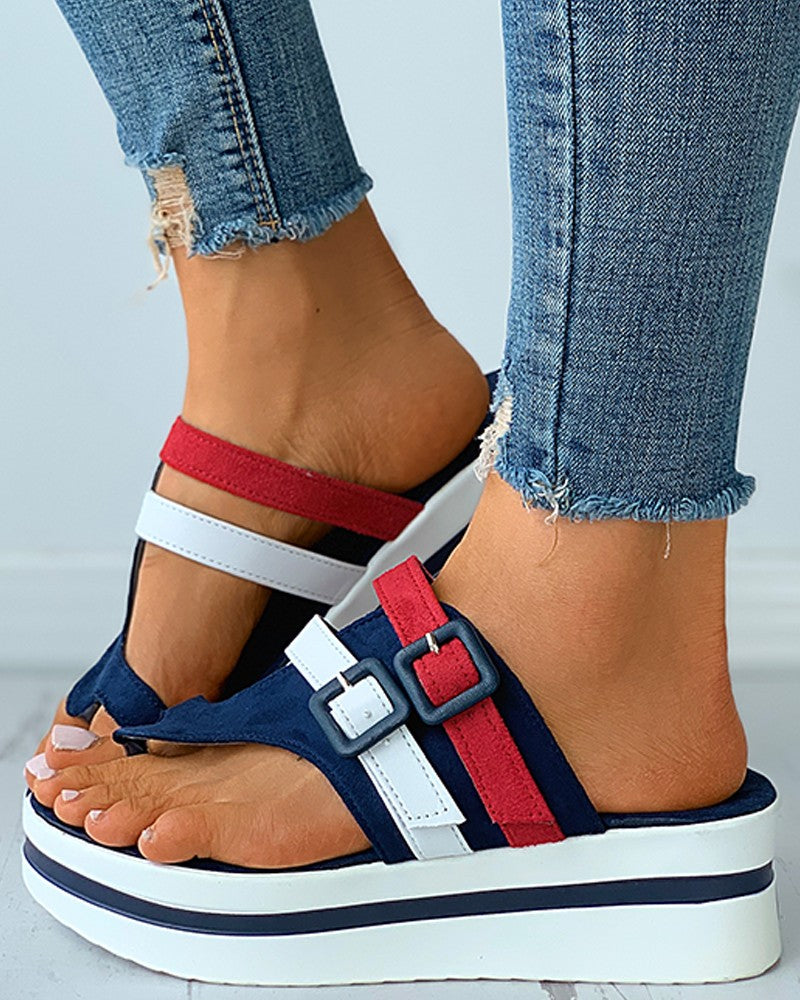 Eyelet Buckled Colorblock Platform Slippers