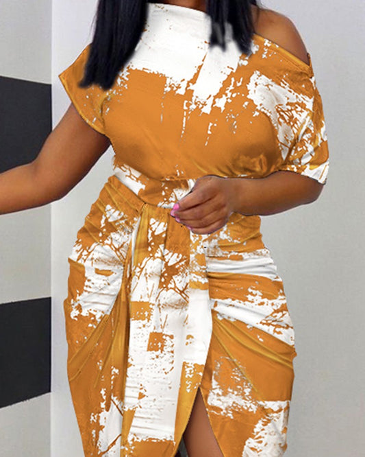 Tie Dye Print Draped Ruched Slit Casual Dress