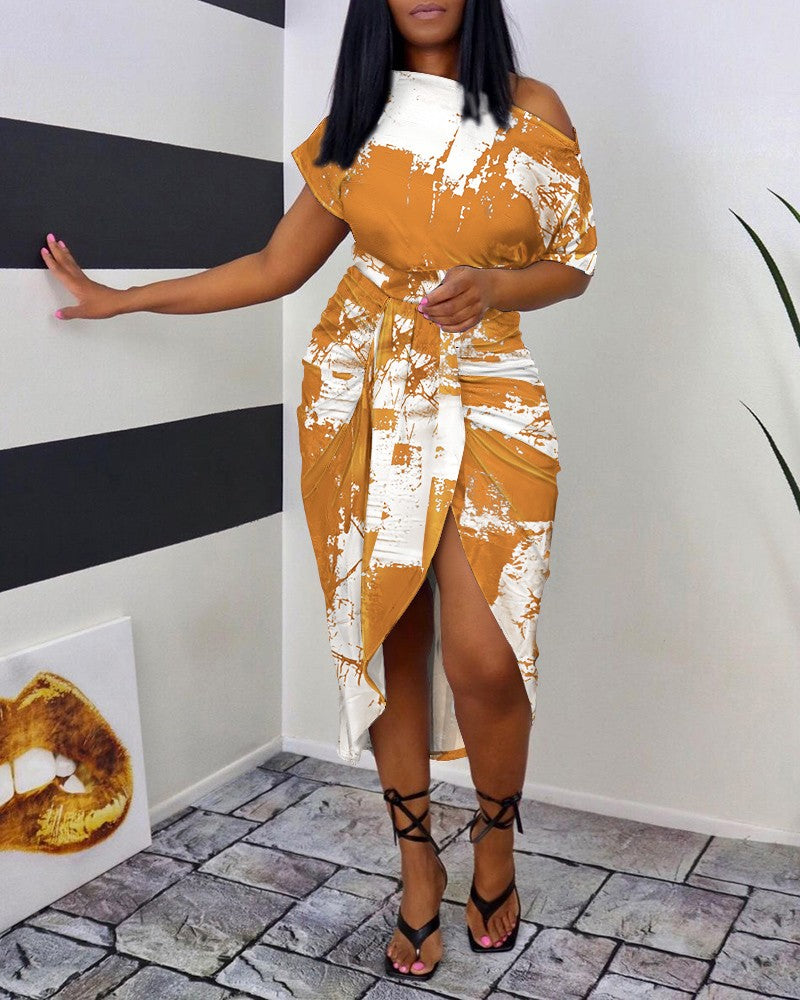 Tie Dye Print Draped Ruched Slit Casual Dress