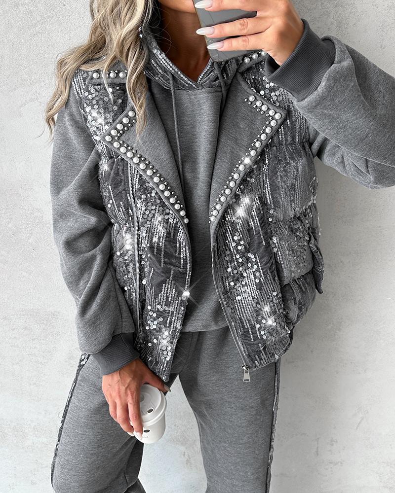 Contrast Sequin Hoodie & Cuffed Pants Set With Beaded Puffer Vest Coat