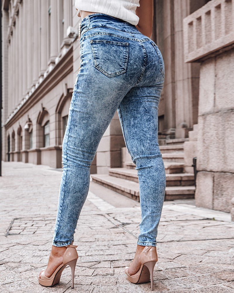Pearls Decor Buttoned High Waist Skinny Jeans