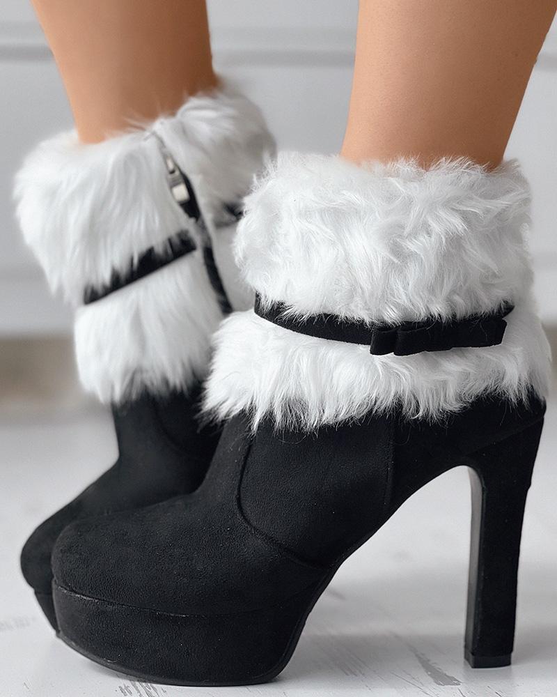Bowknot Design Stiletto Heel Fuzzy Detail Ankle Boots