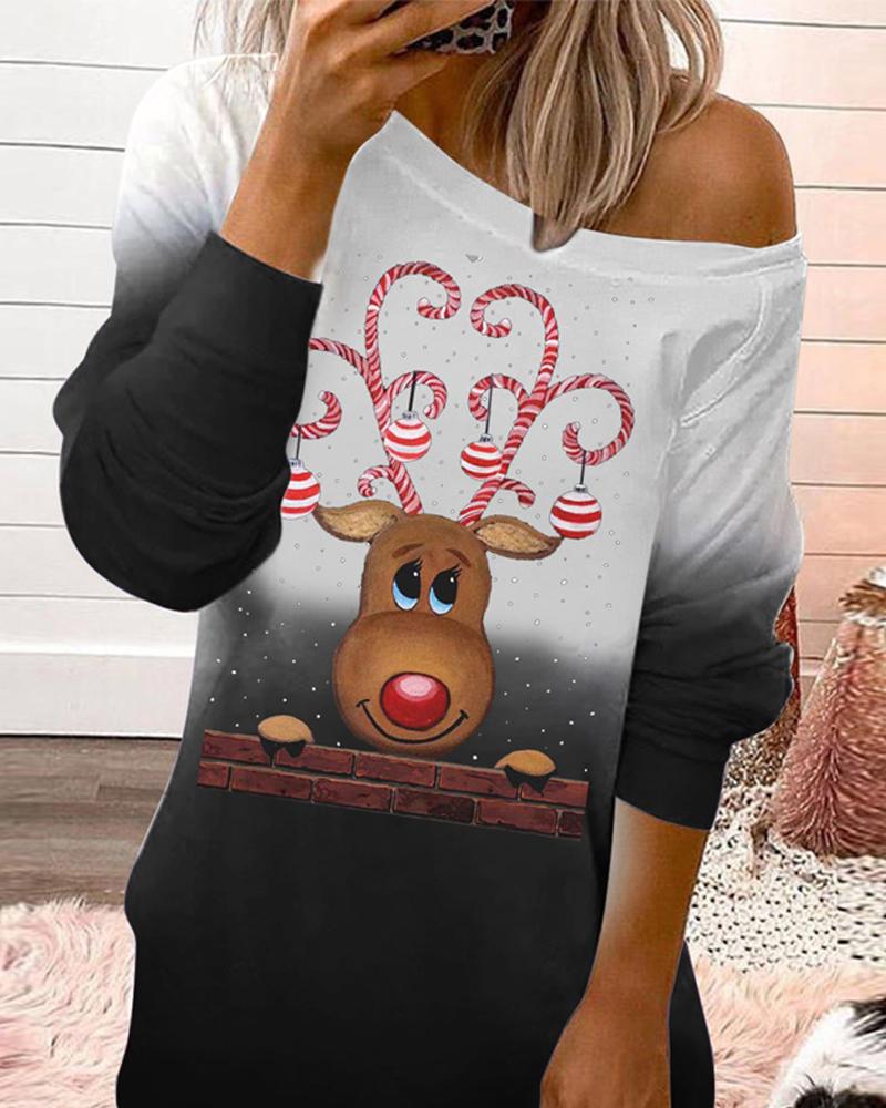 Christmas Letter Elk Print Long Sleeve Sweatshirt Dress