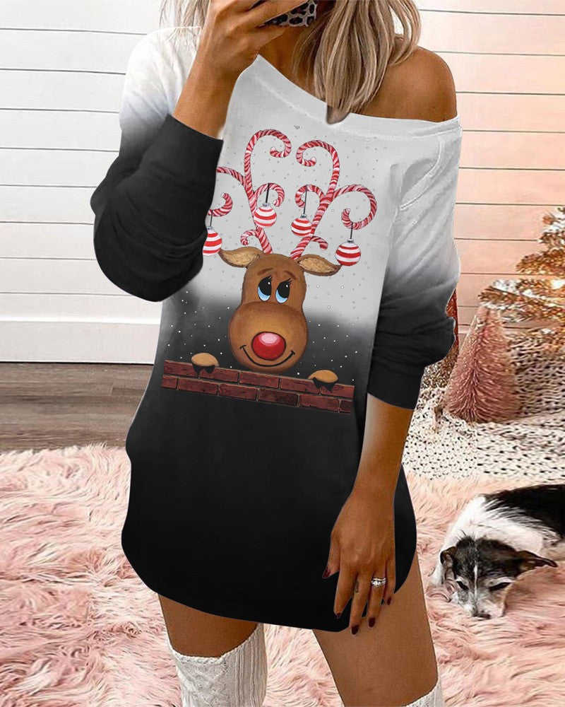 Christmas Letter Elk Print Long Sleeve Sweatshirt Dress
